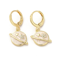 White Planet Real 18K Gold Plated Brass Dangle Leverback Earrings, with Enamel and Cubic Zirconia, White, 26.5x15mm