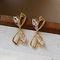 Bowknot Серьги-гвоздики из латуни с паве из кубического циркония, золотые, бантом, 37x16 мм