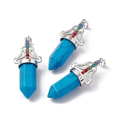 Synthetic Turquoise Synthetic Turquoise Big Pendants, 7 Chakra Faceted Bullet Charms, with Platinum Plated Brass Findings and Colorful Rhinestone, Cadmium Free & Lead Free, 55x22.5x16mm, Hole: 8x5mm