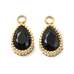 Black Real 14K Gold Plated 304 Stainless Steel Pendants, with Glass, Teardrop, Black, 10x5.5x4mm, Hole: 1.6mm