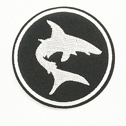 White Computerized Embroidery Cloth Iron on/Sew on Patches, Costume Accessories, Appliques, Flat Round with Shark, Black & White, 78mm