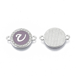 Letter U Alloy Enamel Links Connectors, with Crystal Rhinestones, Flat Round with Letter, Silver Color Plated, Letter.U, 22x16x2mm, Hole: 1.8mm