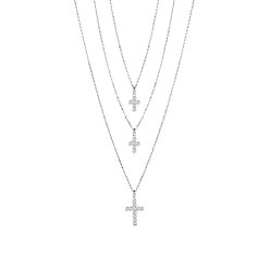 Platinum SHEGRACE Rhodium Plated 925 Sterling Silver Tri-Tiered Necklaces, with AAA Cubic Zirconia, with S925 Stamp, Cross, Platinum, 18.11 inch(46cm)