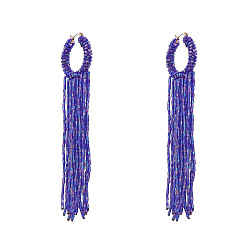 Blue Bohemian Glass Bead Earrings with Ethnic Circle and Tassel Design
