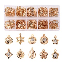 Light Gold 100Pcs 10 Style Rack Plating Eco-Friendly Iron Charms, with Crystal Rhinestone, Mix-shaped, Light Gold, 10pcs/style