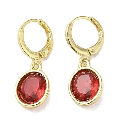 Red Real 18K Gold Plated Brass Dangle Leverback Earrings, with Oval Glass, Red, 27x10mm