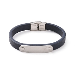 Midnight Blue Microfiber Cord Bracelet, 201 Stainless Steel Oval Link Punk Wristband for Men Women, Midnight Blue, 8-3/4 inch(22.1cm)