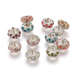 Mixed Color Alloy Rhinestone European Beads, Large Hole Beads, Rondelle, Platinum Metal Color, Mixed Color, 11x6mm, Hole: 5mm