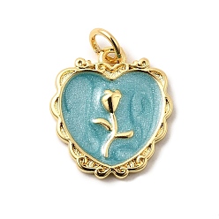 Темно-бирюзовый Латунь эмаль подвески, долговечный, без свинца и без кадмия, с целью перехода в кольце, сердце с розовым шармом, стойки покрытие, реальный 18 k позолоченный, темные бирюзовый, 16x14.5x1.5 мм, отверстие : 3.5 мм