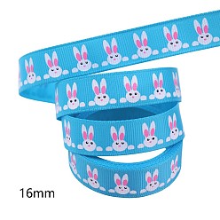Deep Sky Blue Easter Theme Polyester Grosgrain Ribbons, Printed Rabbit Pattern, Deep Sky Blue, 5/8 inch(16mm), 10 yards/roll