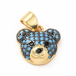Light Sky Blue Rack Plating Brass Micro Pave Cubic Zirconia Charms, Cadmium Free & Lead Free, Real 18K Gold Plated, Long-Lasting Plated, Bear Head Charm, Light Sky Blue, 11.5x12x5mm, Hole: 3.5x4.5mm