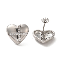 Platinum Brass Micro Pave Cubic Zirconia Stud Earrings, Heart with Cross, Lead Free & Cadmium Free, Long-Lasting Plated, Platinum, 16x17mm