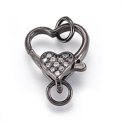 Gunmetal Brass Micro Pave Cubic Zirconia Lobster Claw Clasps, Heart, Clear, Gunmetal, 15x12.5x4.5mm, Hole: 3mm, Ring: 5x0.9mm