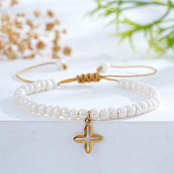 Cross Религиозные 304 браслеты из нержавеющей стали с подвесками, Регулируемые пластиковые браслеты из жемчужных бусин, плетеные из бусин, для женщин, золотые, крестик, 8.19 дюйм (20.8 см)