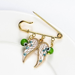 Green Evil Eye Angel Wing Charms Alloy Enamel Kilt Pins, with Lucky Eye Lampwork Beads, Golden, Green, 50mm, Pendant: 49x24mm