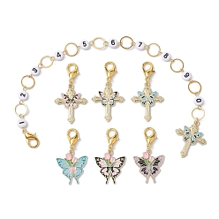 Mixed Color 7Pcs Cross & Butterfly Alloy Enamel Knitting Row Counter Chains & Locking Stitch Markers Kits, Mixed Color, 4.2~26cm