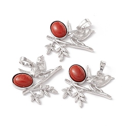 Red Jasper Natural Red Jasper Pendants, with Platinum Tone Brass Findings, Cadmium Free & Lead Free, Bird with Oval Charms, 29x32x6mm, Hole: 5x8mm