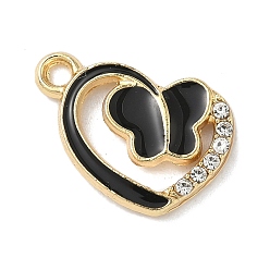 Черный Подвески из сплава эмали и стразов, сердце с бабочкой, золотой свет, без кадмия, без никеля и без свинца, чёрные, 19.5x14x2.5 мм, отверстие : 2.1 мм