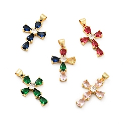Mixed Color Rack Plating Brass Micro Pave Cubic Zirconia Pendants, Long-Lasting Plated, Lead Free & Cadmium Free, Cross, Real 18K Gold Plated, Religion, Mixed Color, 24.5x15.5x4mm, Hole: 3.5x4mm