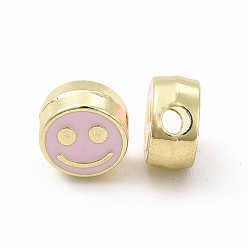 Pearl Pink Rack Plating Alloy Enamel Beads, Cadmium Free & Nickel Free & Lead Free, Flat Round with Smiling Face Pattern, Light Gold, Pearl Pink, 7.5x4mm, Hole: 2mm