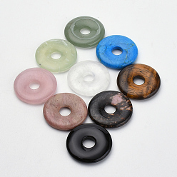 Mixed Stone Natural Gemstone Pendants, Donut/Pi Disc, Donut Width: 11mm, 30x5mm, Hole: 8mm
