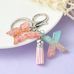 Letter X Resin & Acrylic Keychains, with Alloy Split Key Rings and Faux Suede Tassel Pendants, Letter & Butterfly, Letter X, 8.6cm