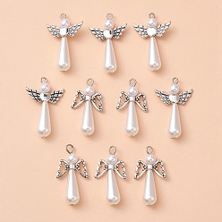 Antique Silver Acrylic Imitation Pearl with Alloy Pendants, with Stainless Steel Color Tone 304 Stainless Steel Loops, Angel Charm, Antique Silver, 34~35x18~22x8mm, Hole: 1.5~2.5mm, 2 style, 5pcs/style, 10pcs/set