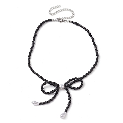 Black Bowknot 304 Stainless Steel Necklaces, Acrylic Bead Necklaces for Women, Black, 12.60~12.80 inch(32~32.5cm)