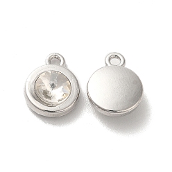 Clear Alloy Pendant, with Glass, Platinum, Lead Free & Cadmium Free, Falt Round Charm, Clear, 12.5x10x4mm, Hole: 1.5mm