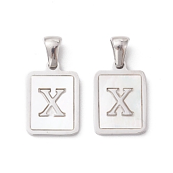 Letter X 304 Stainless Steel Pave Shell Pendants, Rectangle Charm, Stainless Steel Color, Letter X, 17.5x12x1.5mm, Hole: 3x5mm
