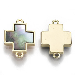 Black Lip Shell Brass Links Connectors, with Black Lip Shell, Nickel Free, Real 18k Gold Plated, Cross, 18x12.5x2.5mm, Hole: 1.2mm