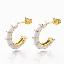 White Brass Stud Earrings, Half Hoop Earrings, with Enamel and Earring Backs, Real 18K Gold Plated, Bamboo Shape, White, 21x16.5x3.5mm, Pin: 0.7mm
