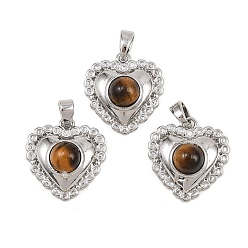 Платина Природных тигровый глаз подвески, подвески в форме сердца с латунными микропаве из прозрачных кубических цирконий, платина, 17x16x6.5 мм, отверстие : 3.5x2.5 мм