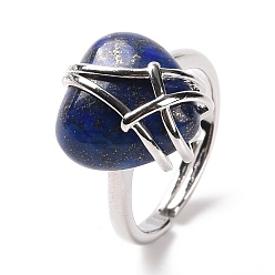 Ляпис-Лазурь Регулируемое кольцо в виде сердца из лазурита натурального цвета, украшения из латунной проволоки для женщин, без кадмия и без свинца, размер США 7 1/4~13 (17.5~22.3 мм)