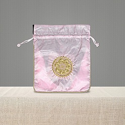 Pearl Pink Chinese Style Brocade Drawstring Gift Blessing Bags, Jewelry Storage Pouches for Wedding Party Candy Packaging, Rectangle with Flower Pattern, Pearl Pink, 18x15cm