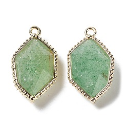 Strawberry Quartz Natural Green Strawberry Quartz Pendants, Faceted Hexagon Charms with Rack Plating Golden Plated Brass Edge Loops, 22.5x13x6.5~7mm, Hole: 1.5~1.6mm