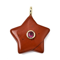 Красный Камень Природные красной яшмы подвески, Подвески в виде звезд с латунными фианитами в оправе из кубического циркония, золотые, 35.5~37x29.5~31.5x8.5~10.5 мм, отверстие : 4 мм