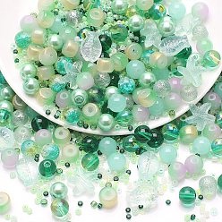 Light Green Glass Beads, Round & Starfish & Fish & Rondelle, Mixed Style, Light Green, 2~14x2~10x1~8.5mm, Hole: 0.8~1.5mm