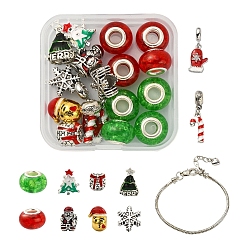 Mixed Color DIY European Bracelet Making Kit, Including Brass European Bracelet, Christmas Tree & Santa Claus & Glove & Candy Cane Alloy Enamel Beads & Charms & Resin Beads, Mixed Color, 18Pcs/box