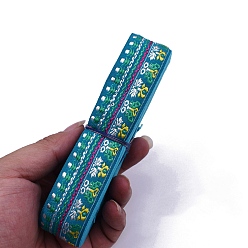 Turquoise 6.5M Ethnic Style Flat Embroidery Polyester Ribbons, Jacquard Ribbon, Garment Accessories, Flower Pattern, Turquoise, 1-1/4 inch(33mm), about 7.11 Yards(6.5m)/Bundle