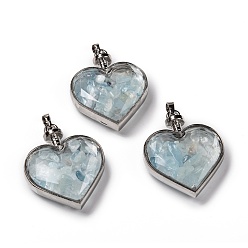 Aquamarine Glass Bottle Pendants, with Natural Aquamarine Chips and Platinum Plated Alloy Findings, Heart, 40x32.5x11mm, Hole: 8x5mm