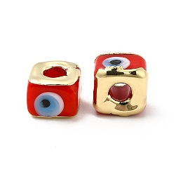 Red Brass Enamel Beads, Long-Lasting Plated, Real 18K Gold Plated, Square with Evil Eye Pattern, Red, 10~12x10~12x8~9mm, Hole: 4~4.5mm