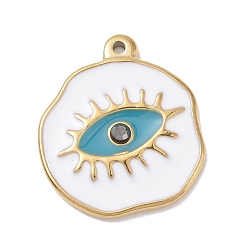 Teal 304 Stainless Steel Pendants, with Rhinestone and Enamel, Flat Round with Horse Eye, Golden, Teal, 22x19x3mm, Hole: 1.2mm