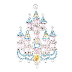 Silver Brass Pave Cubic Zirconia Chandelier Component Links, Castle, Silver, 53.5x31x4mm, Hole: 1.8mm and 1.1mm