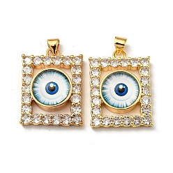 Light Blue Real 18K Gold Plated Brass Pendants, with Glass and Acrylic, Rectangle with Evil Eye Charms, Light Blue, 27x20x7mm, Hole: 4.5x4mm