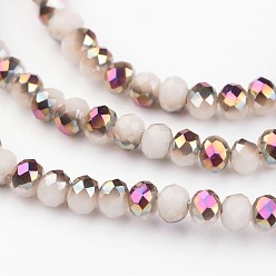 Floral White Electroplate Glass Beads Strands,  Half Plated, Faceted Rondelle, Floral White, 6x4mm, Hole: 1mm, about 100pcs/strand, 15.7 inch