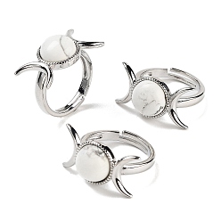 Говлит Регулируемые кольца из натурального говлита, Платиновые латунные кольца на палец с тройной луной для женщин и мужчин, размер США 7 1/4 (17.5 мм)
