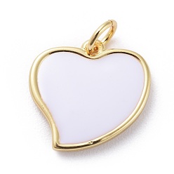 White Enamel Charms, with Brass Findings, Heart, Golden, White, 12x12x2mm, Hole: 2.5mm