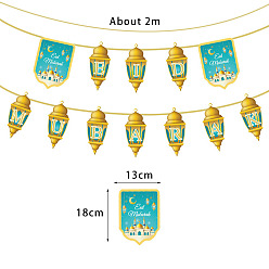 Turquoise Eid Mubarak Paper Flags, Hanging Banner, for Ramadan Festival Decorations, Turquoise, 2000mm, pendant: 180x130mm