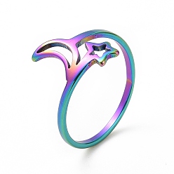 Rainbow Color Ion Plating(IP) 201 Stainless Steel Moon & Star Finger Ring, Hollow Wide Ring for Women, Rainbow Color, US Size 6 1/2(16.9mm)